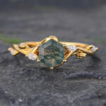 Delicate Hexagon Cut Moss Agate Engagement Ring Nature Inspired Gold Ring
