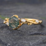 Delicate Hexagon Cut Moss Agate Engagement Ring Nature Inspired Gold Ring