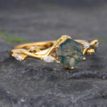 Delicate Hexagon Cut Moss Agate Engagement Ring Nature Inspired Gold Ring