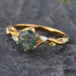 Delicate Hexagon Cut Moss Agate Engagement Ring Nature Inspired Gold Ring