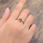 Delicate Hexagon Cut Moss Agate Engagement Ring Nature Inspired Gold Ring