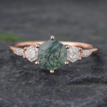 Hexagon Cut Moss Agate & Moissanite Engagement Ring for Women Rose Gold