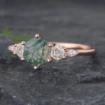 Hexagon Cut Moss Agate & Moissanite Engagement Ring for Women Rose Gold