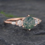 Hexagon Cut Moss Agate & Moissanite Engagement Ring for Women Rose Gold