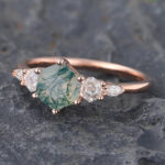 Hexagon Cut Moss Agate & Moissanite Engagement Ring for Women Rose Gold