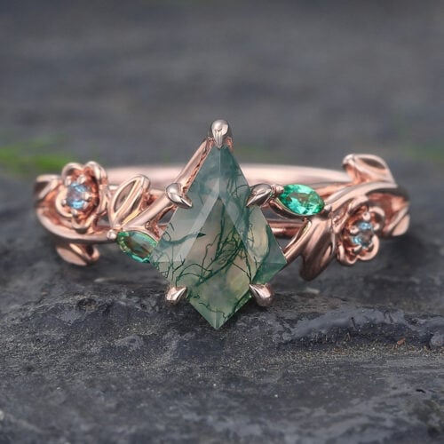 Kite Cut Moss Agate Engagement Ring Leaf & Vine Nature Inspired Ring