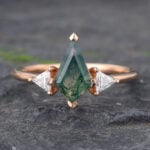 Kite Cut Moss Agate & Diamond Engagement Ring Rose Gold Three Stones Ring