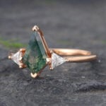 Kite Cut Moss Agate & Diamond Engagement Ring Rose Gold Three Stones Ring