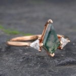 Kite Cut Moss Agate & Diamond Engagement Ring Rose Gold Three Stones Ring