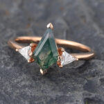 Kite Cut Moss Agate & Diamond Engagement Ring Rose Gold Three Stones Ring
