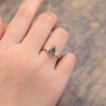 Kite Cut Moss Agate & Diamond Engagement Ring Rose Gold Three Stones Ring