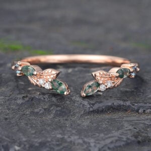 Rose Gold Moss Agate Open Curved Wedding Band Leaf Design Stacking Ring