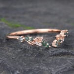Rose Gold Moss Agate Open Curved Wedding Band Leaf Design Stacking Ring