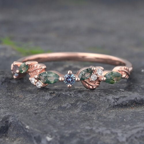 Leaf Design Rose Gold Moss Agate Wedding Band