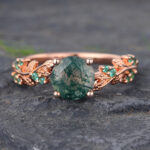 Round Cut Moss Agate Engagement Ring Nature Inspired Rose Gold Ring