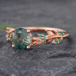 Round Cut Moss Agate Engagement Ring Nature Inspired Rose Gold Ring