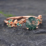 Round Cut Moss Agate Engagement Ring Nature Inspired Rose Gold Ring