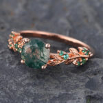 Round Cut Moss Agate Engagement Ring Nature Inspired Rose Gold Ring