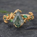 18K Yellow Gold Moss Agate Engagement Ring Nature Inspired Ring