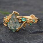 18K Yellow Gold Moss Agate Engagement Ring Nature Inspired Ring