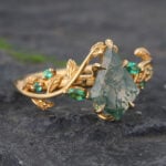 18K Yellow Gold Moss Agate Engagement Ring Nature Inspired Ring