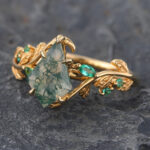 18K Yellow Gold Moss Agate Engagement Ring Nature Inspired Ring