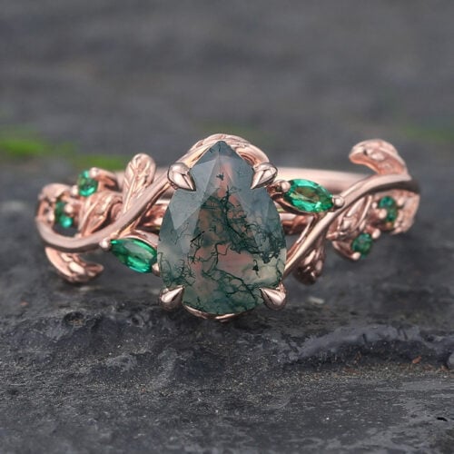 Pear Shaped Moss Agate Engagement Ring Nature Inspired Ring