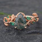 Engagement Ring vs Wedding Ring Pear Shaped Moss Agate & Emerald Engagement Ring Rose Gold Nature Inspired Ring