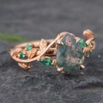 Pear Shaped Moss Agate & Emerald Engagement Ring Rose Gold Nature Inspired Ring