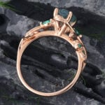 Pear Shaped Moss Agate & Emerald Engagement Ring Rose Gold Nature Inspired Ring