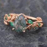 Pear Shaped Moss Agate & Emerald Engagement Ring Rose Gold Nature Inspired Ring