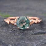 Round Cut Moss Agate Rose Gold Ring Leaf & Vine Nature Inspired Ring