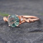 Round Cut Moss Agate Rose Gold Ring Leaf & Vine Nature Inspired Ring