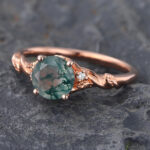 Round Cut Moss Agate Rose Gold Ring Leaf & Vine Nature Inspired Ring