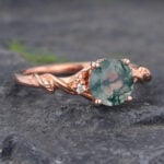 Round Cut Moss Agate Rose Gold Ring Leaf & Vine Nature Inspired Ring