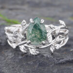 Leaf & Vine White Gold Pear Shaped Moss Agate Engagement Ring Set
