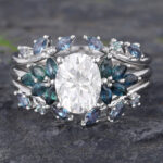 Vintage Moissanite Bridal Ring Set White Gold Teal Sapphire & Alexandrite Ring Set