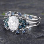 Vintage Moissanite Bridal Ring Set White Gold Teal Sapphire & Alexandrite Ring Set