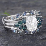 Vintage Moissanite Bridal Ring Set White Gold Teal Sapphire & Alexandrite Ring Set