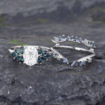 Vintage Moissanite Bridal Ring Set White Gold Teal Sapphire & Alexandrite Ring Set