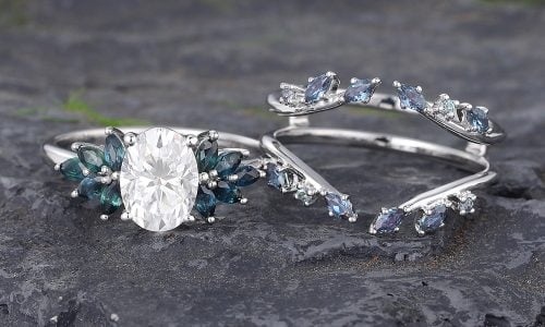 Vintage Moissanite Bridal Ring Set White Gold Teal Sapphire & Alexandrite Ring Set