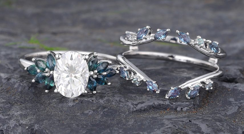 Vintage Moissanite Bridal Ring Set White Gold Teal Sapphire & Alexandrite Ring Set Vintage Moissanite Bridal Ring Set White Gold Teal Sapphire & Alexandrite Ring Set