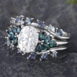Vintage Moissanite Bridal Ring Set White Gold Teal Sapphire & Alexandrite Ring Set