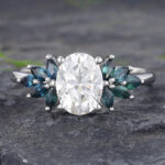 Moissanite & Teal Sapphire Cluster Engagement Ring 14K White Gold