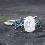 Moissanite & Teal Sapphire Cluster Engagement Ring 14K White Gold