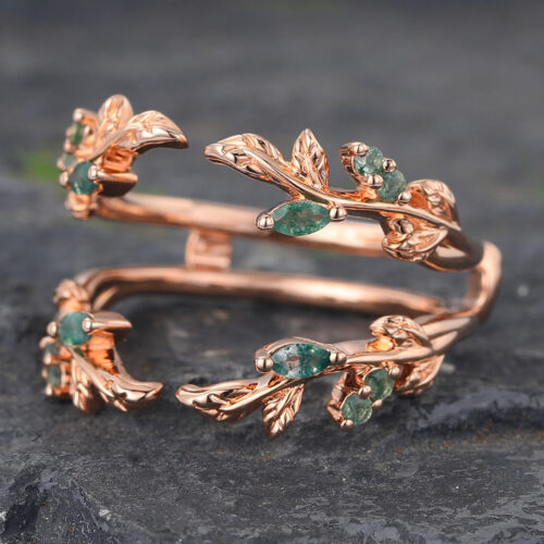 Moss Agate Double Wedding Band Leaf Design Enhancer