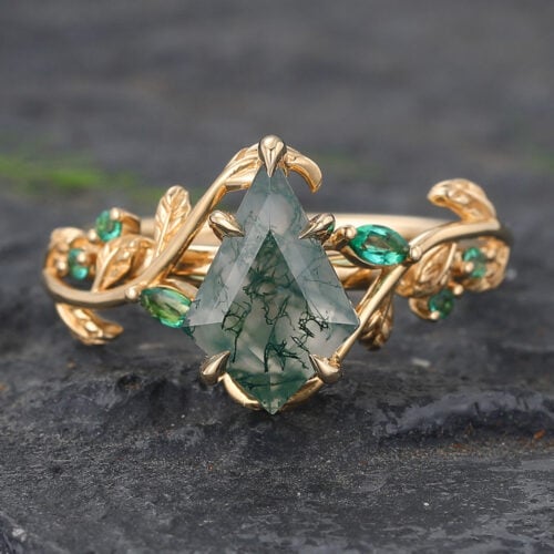 Moss Agate Engagement Ring Nature Inspired Ring 14K Yellow Gold