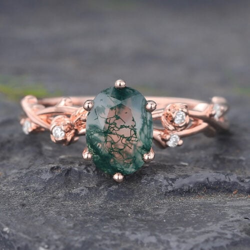 Natural Inspired Split Shank Oval Cut Moss Agate Engagement Ring
