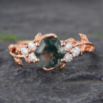 Hexagon Cut Moss Agate Cluster Engagement Ring Rose Gold Nature Inspired Ring