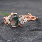 Hexagon Cut Moss Agate Cluster Engagement Ring Rose Gold Nature Inspired Ring